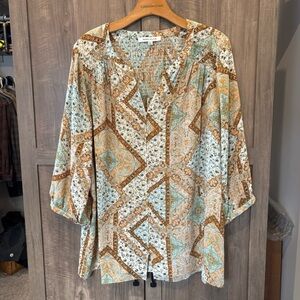 Rose and Olive 1X Top Tunic V Neck Button Down Smocking Boho